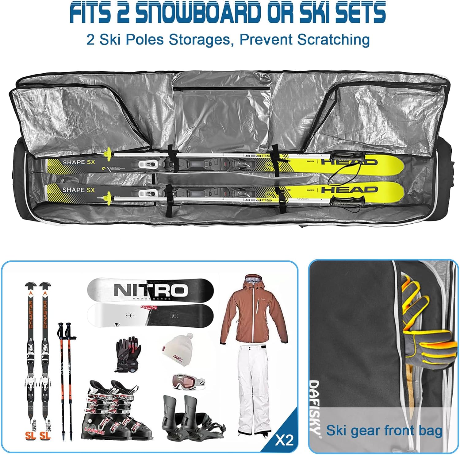 Goloni Wheeled Ski Bag With Full Padding - 600D Waterproof Snowboard Travel Bag Fits 2 Pairs Skis & Gear